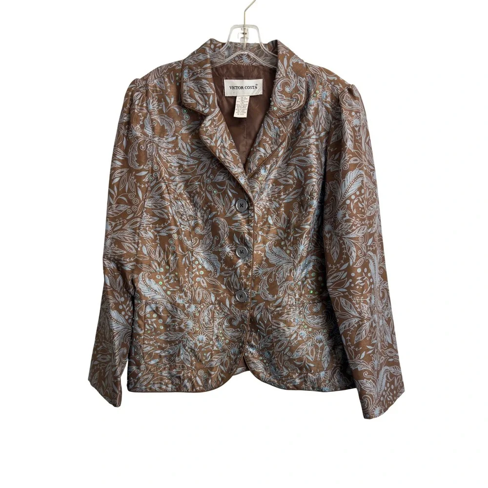 Victor Costa Womens Brown Blue Beaded Paisley Blazer‎ Jacket Size 14 Lightweight